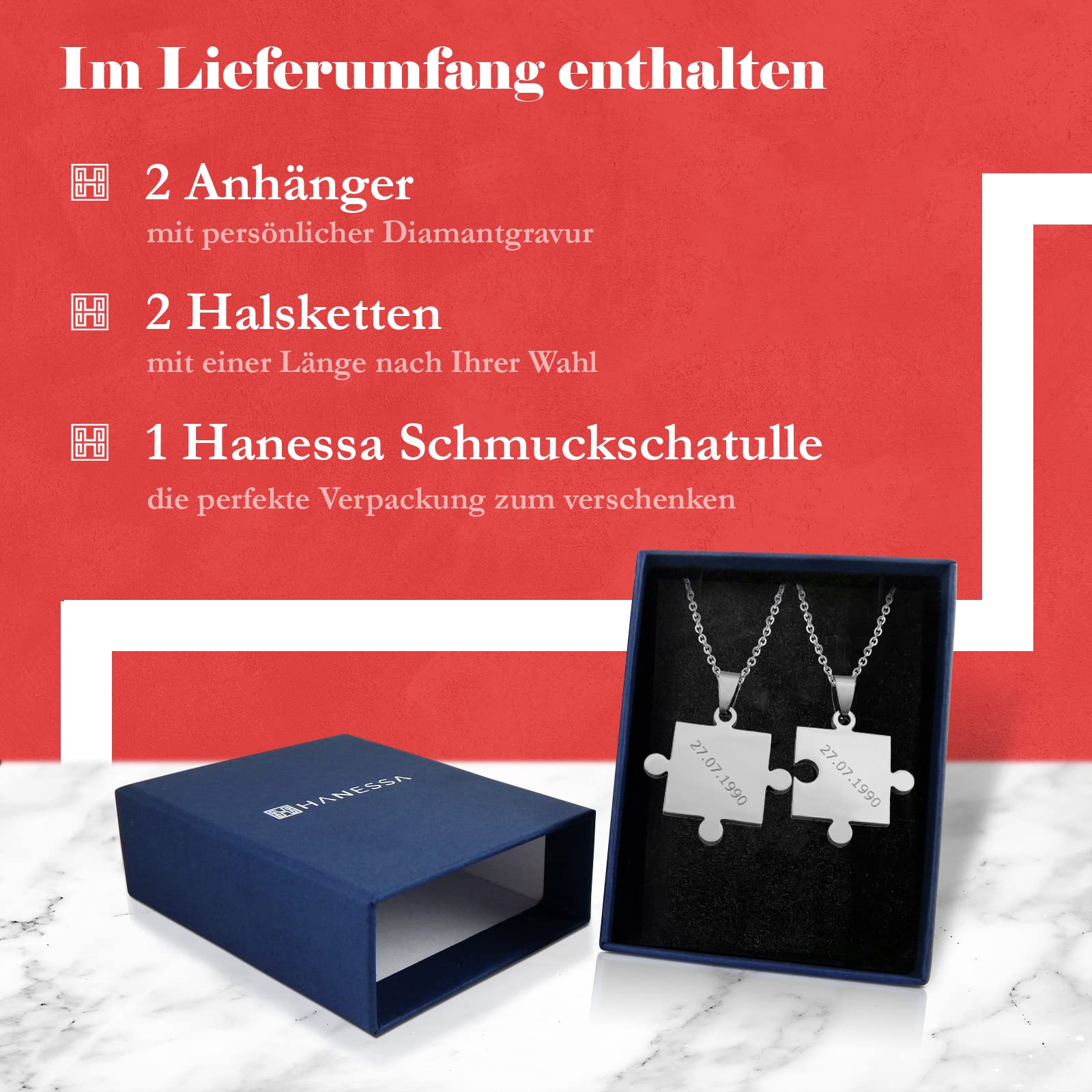 2 Stück Personalisierte Kette mit Gravur Edelstahl 50 cm mit Anhänger Puzzle Teil in silber - Personalisierte Geschenke für Damen Herren Freundin Freund - Partner Halskette für Sie und Ihn