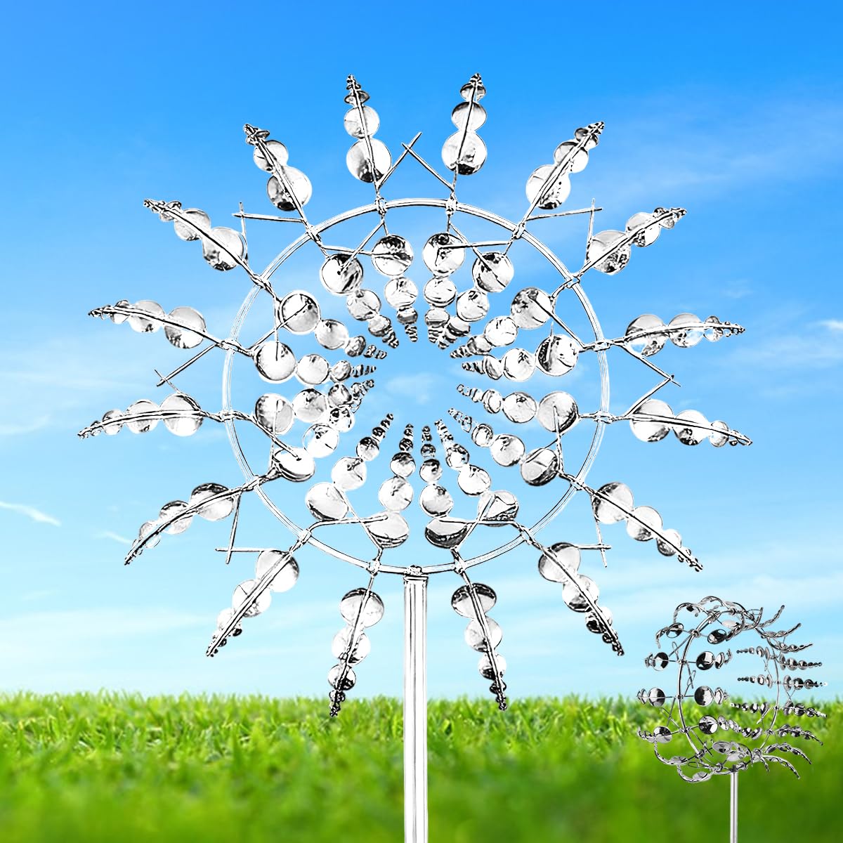 Mulino a Vento in Metallo, Girandola a Vento da Giardino Unico e Magico, 3D Scultura Cinetica Mulino a Vento per Giardino, Terrazza, Prato, Decorazione (Silver)