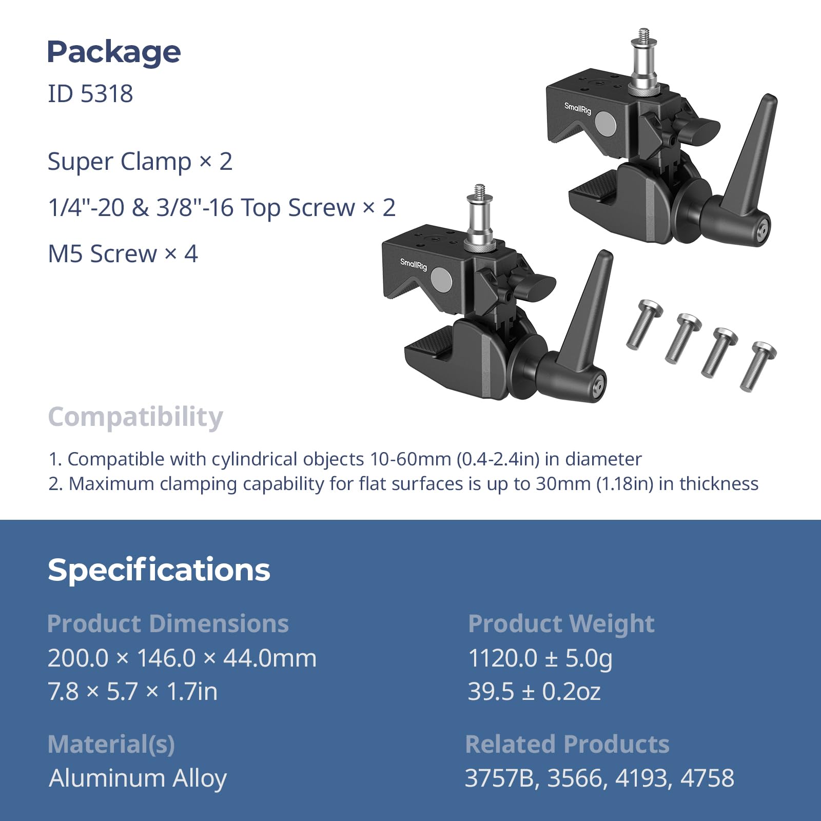 SMALLRIG Super Clamp Kit da 2 pezzi, ad alte prestazioni, carico massimo 33lb/15kg, con una vite superiore da 1/4"-20 e 3/8"-16, per illuminazione fotografica, per tubi rotondi e superfici piane