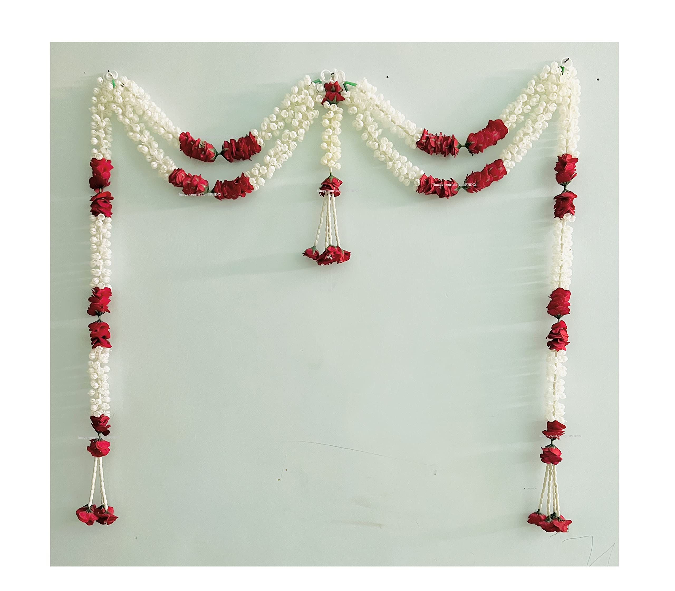 SPHINX Artificial Jasmine (mogra) and Roses Door toran/Door hangings/Door Garlands for Main Entrance, Festive Wedding Housewarming Decorations - (Double Line with Clustered/Tassle stings, 1)