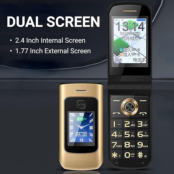 Jectse Flip Phone, Unlocked Cell Phone Big Phone with 2.4 Inch Screen, Flashlight, Removable Battery, 2G Phone Flip Cell Phone for Senior Elderly (Gold)