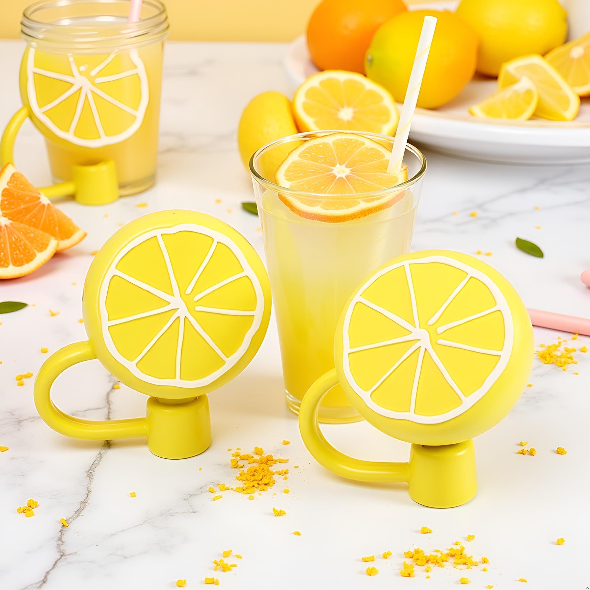4 pajitas de limón amarillo, tapas reutilizables de silicona para popote, tapas para beber tapas antipolvo para tapones lindos, tapas de popote, cubierta desechable (6-8 mm)