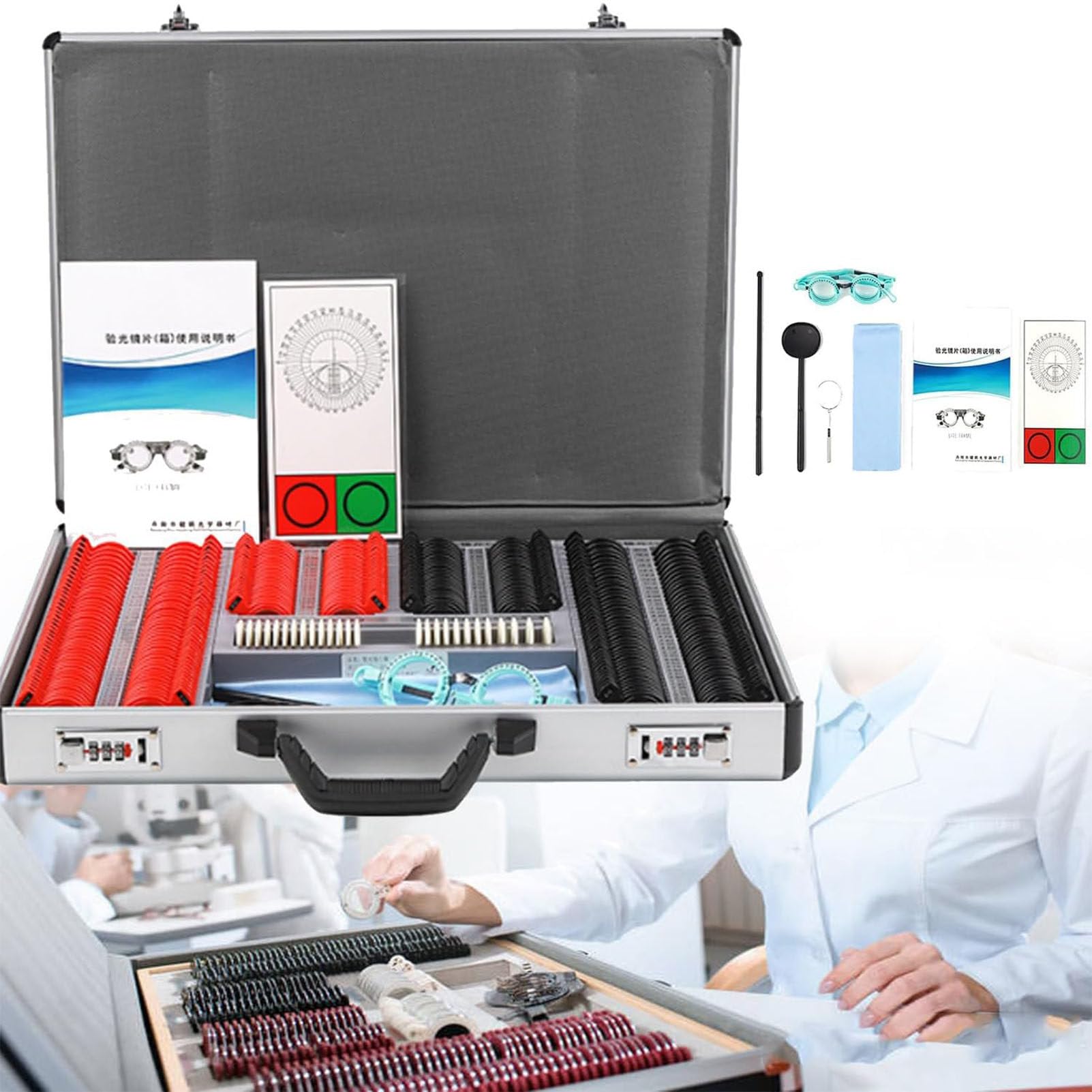 266 Pezzi Lente di Prova impostata con Tela di Test degli Occhiali di misurazione, Bordo di optometria a Legna Ottica Kit di Bordo in Alluminio, Accessori per Protezione Oftalmic Trial