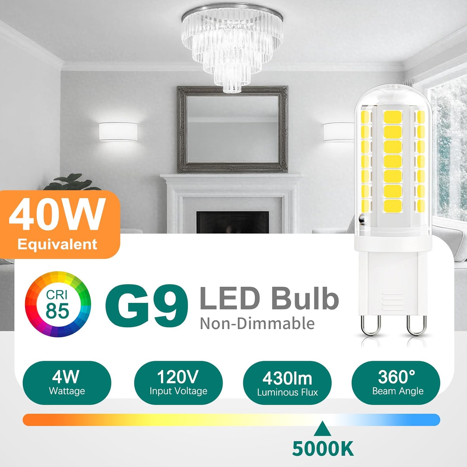 DiCUNO G9 LED Bulb 4W, Daylight White 5000K, 40W Halogen Equivalent, Chandelier Light Bulbs T4 G9 Bi Pin Base, Non-dimmable, 430lm, Replacement for Bathroom Vanity Lights, Pack of 6