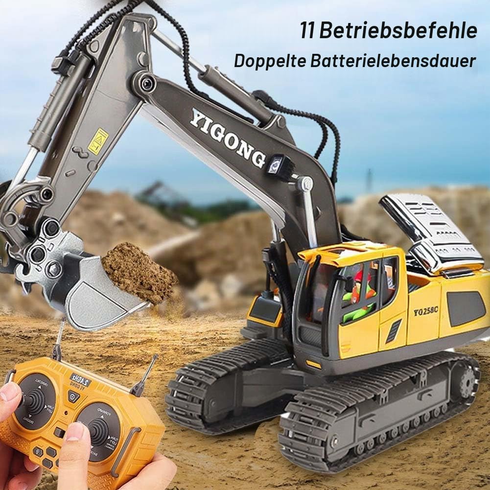 RC Bagger Spielzeug, 11 Kanal Ferngesteuerter Bagger für Jungen | 1:20 Ferngesteuerter Bagger mit Metallschaufel, 680° Drehung & Licht, Baustellen Sandkasten Baufahrzeug Geschenk für Jungen