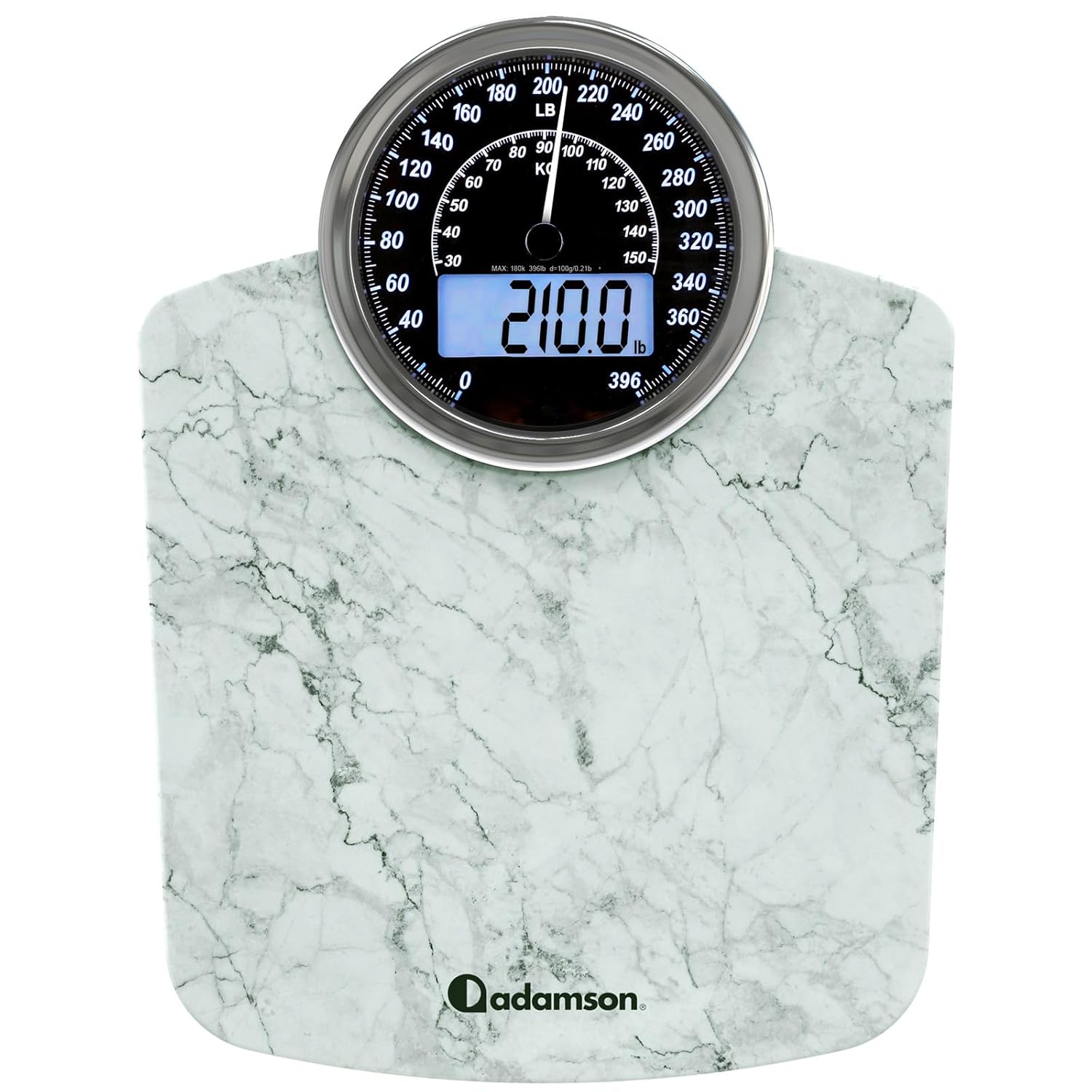 Adamson Hybrid 2-in-1 Analog & Digital Weighing Scale for Body Weight up to 400lbs - Thick Tempered Glass - Extra Large Display - Easy to Read Digital Bathroom Scale - New - Marble White