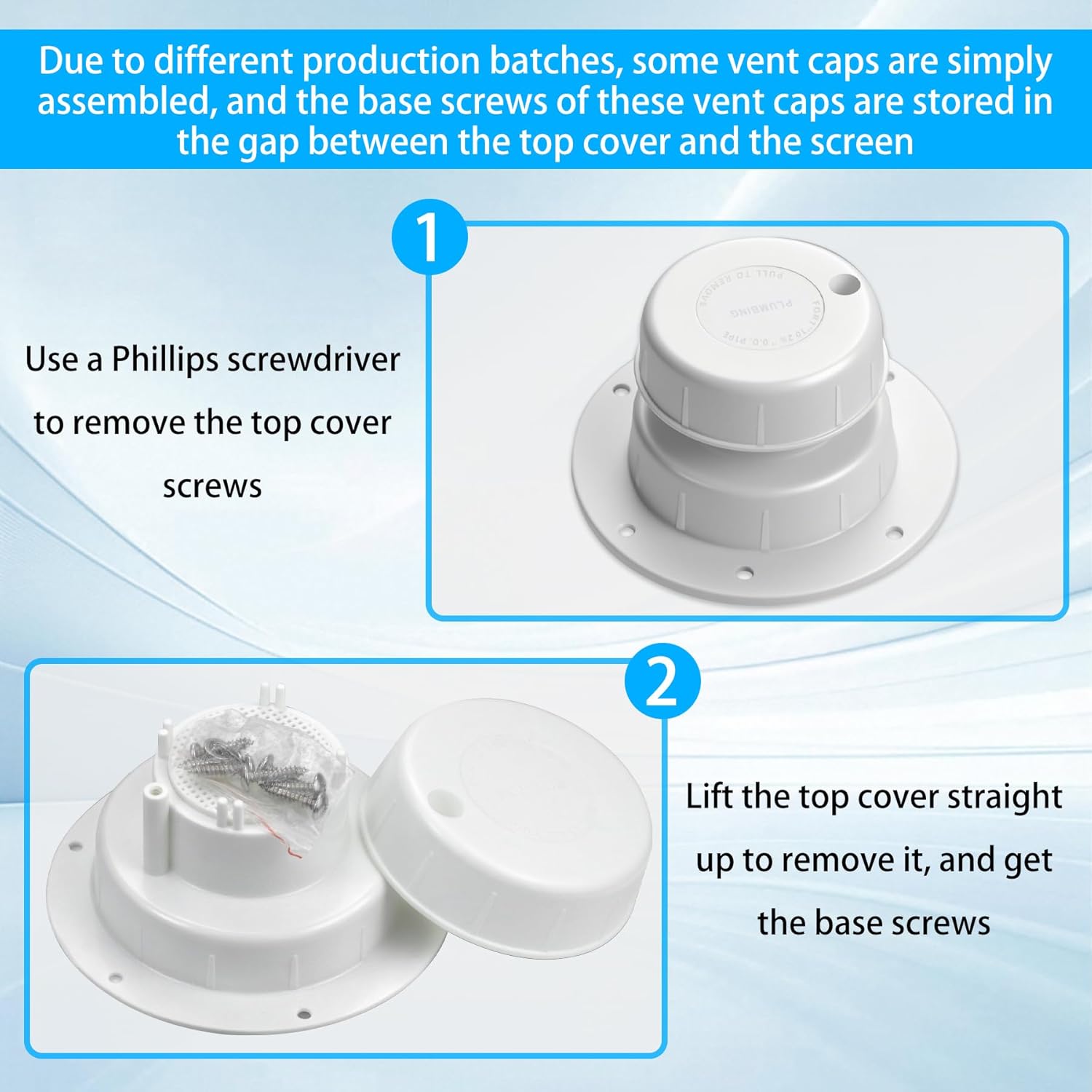 RV Plumbing Vent Cap Sewer Vents Caps for Roof Fits 1 to 2 3/8 Inch Pipe RV-Vent-Covers-for-Roof with Sealing Putty, Plastic White 2 Pack Cover for Motorhome Trailer Camper Roofs
