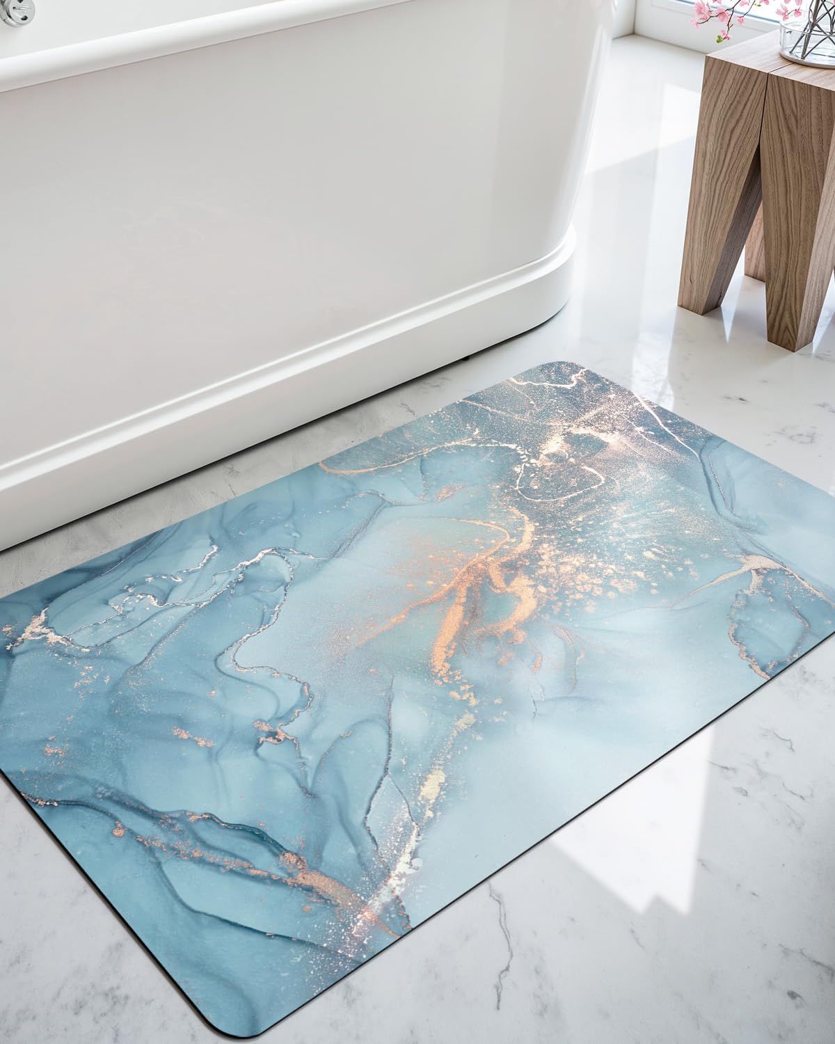 DEXI Bathroom Mat Ultra Thin, Non Slip Bath Rug for Shower Floor, Absorbent Quick Dry Bathmats Low Profile, 16x24, Blue