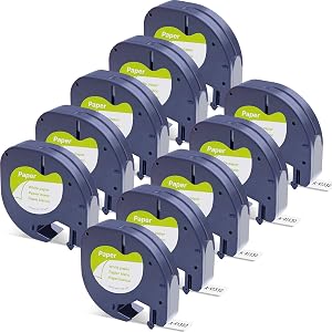 10PK Compatible with DYMO LetraTag Label Tape 91330(10697) Black on White 12mm Paper Labels Cassette Refill Compatible for DYMO LT-100H, LT-100T, LT-110T, QX 50 Label Maker,(1/2" x 13')