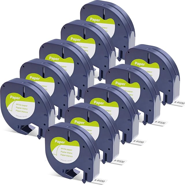 10PK Compatible avec DYMO LetraTag Label Rubrique 91330(10697) Noir sur blanc 12mm Etiquettes en papier Cassette Recharge Compatible pour DYMO LT-100H, LT-100T, LT-110T, QX 50 Label Marqueur,(1/2" x 13')