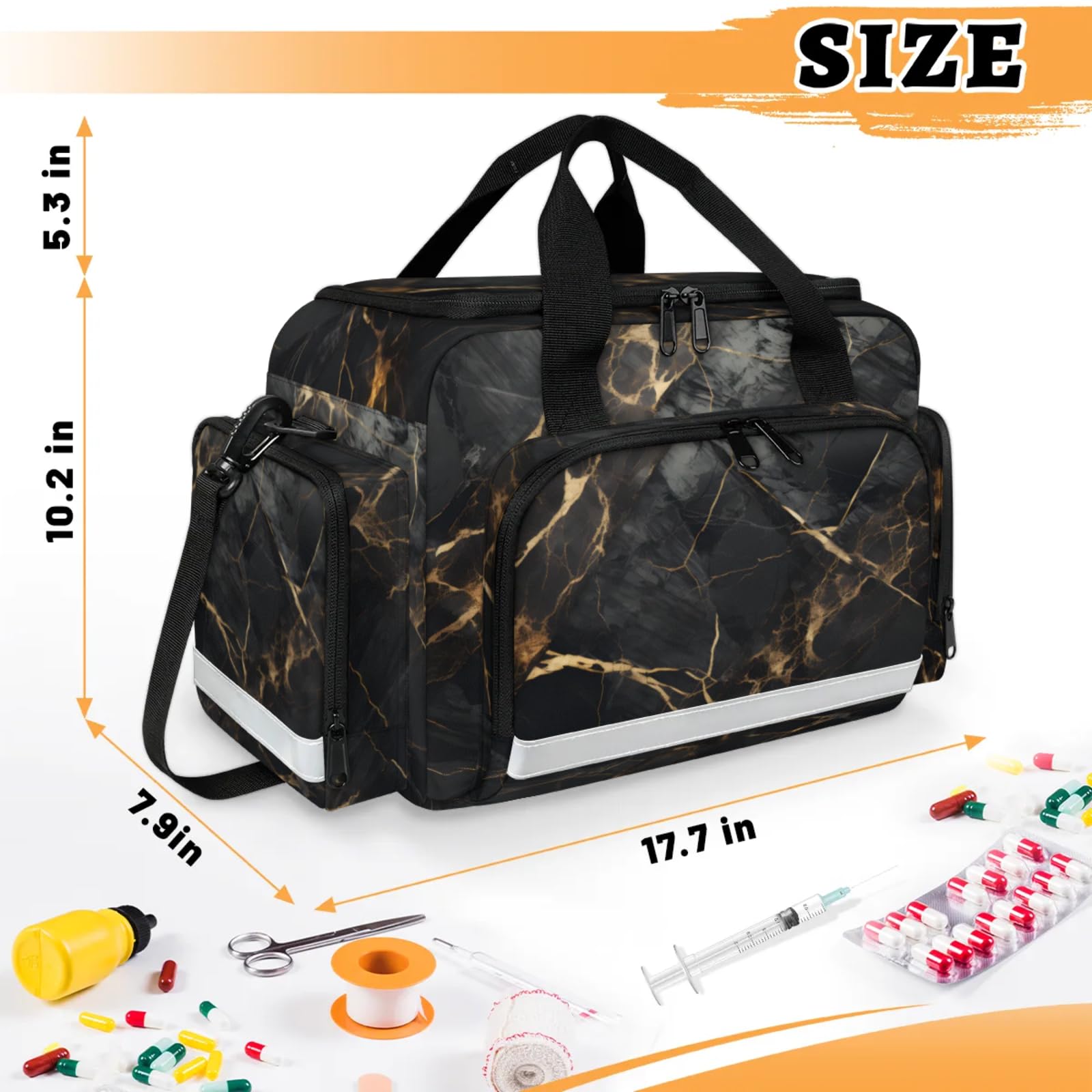 GzLeyigou First Aid Bags Empty, Black Gold Marble Emergency Bag First Aid Kit Multiple Compartment Kit Carrier On Call Trauma Bag For Paramedics Emergency Medical Supplies Kit