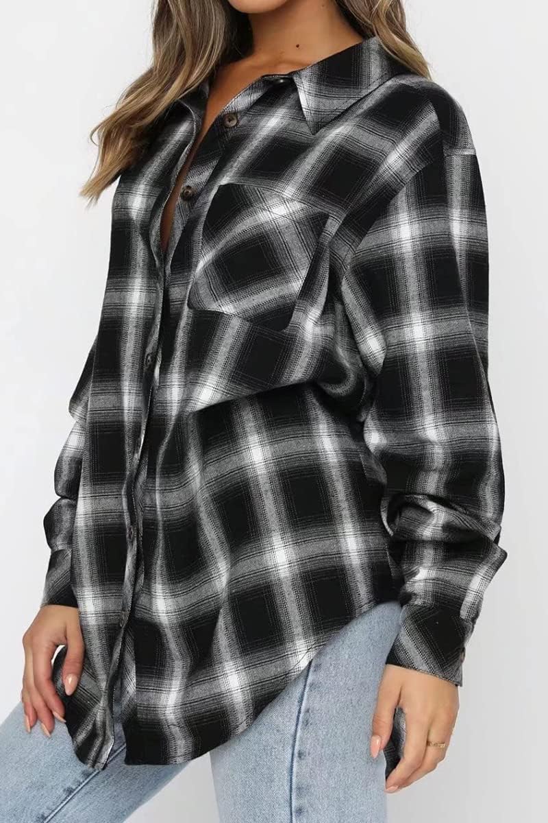 CHYRII Womens Button Down Flannel Shirts Long Sleeve Plaid Shackets Business Casual Blouse Top - Image 6