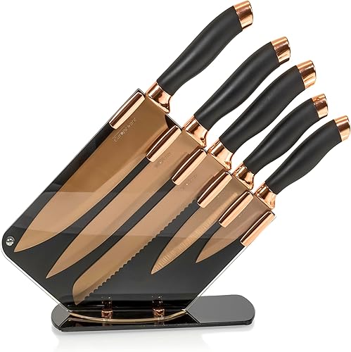 Red Co. Juego de 6 cuchillos de cocina de acero inoxidable con base acrílica, oro rosanegro