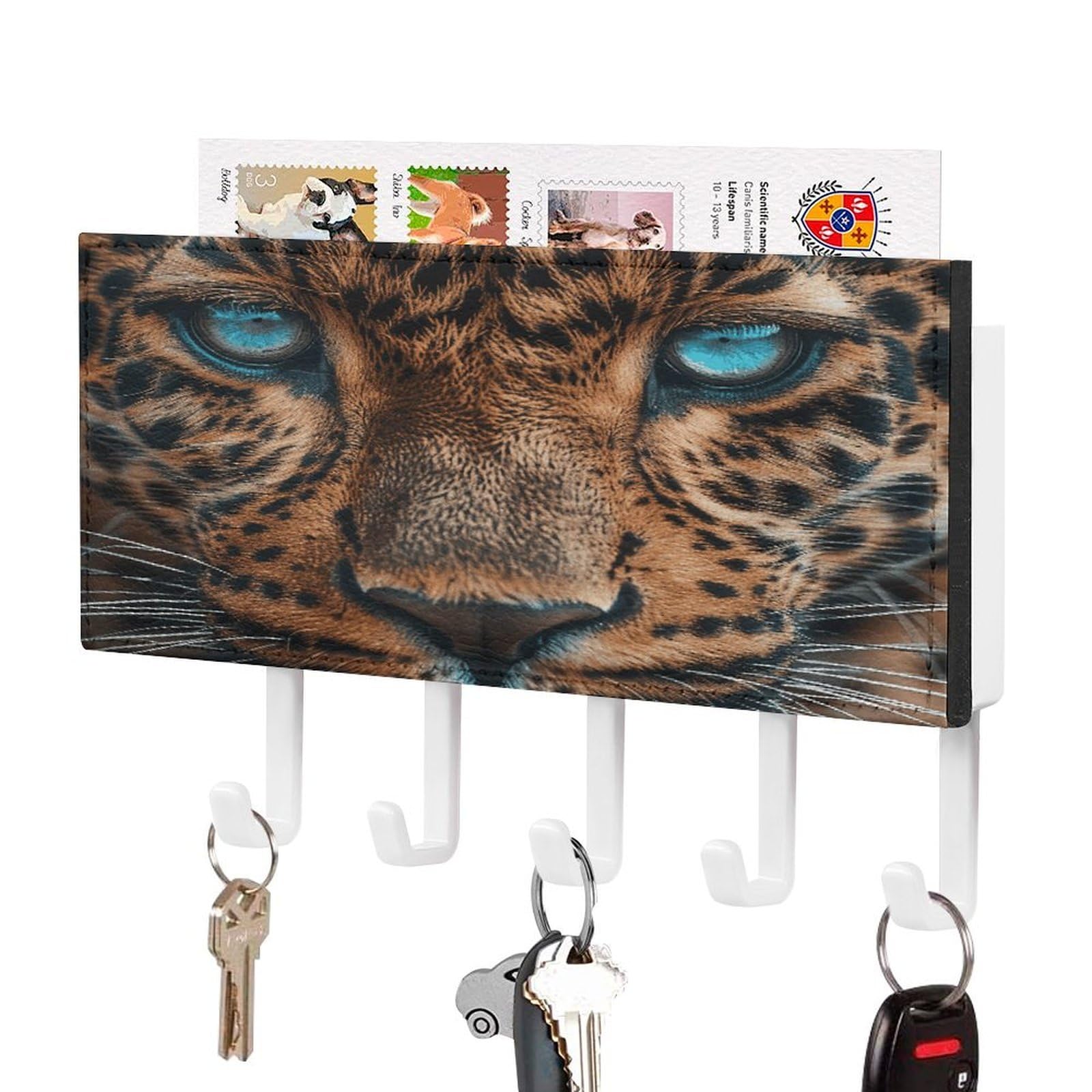 FekiLoot Leopard Face Key Holder Wall Mount Key Hanger with 5 Hooks Decorative Key Rack Hanging Key Hooks with Mail Organizer Key Holder for Wall Living Room Kitchen Bathroom Hallway White