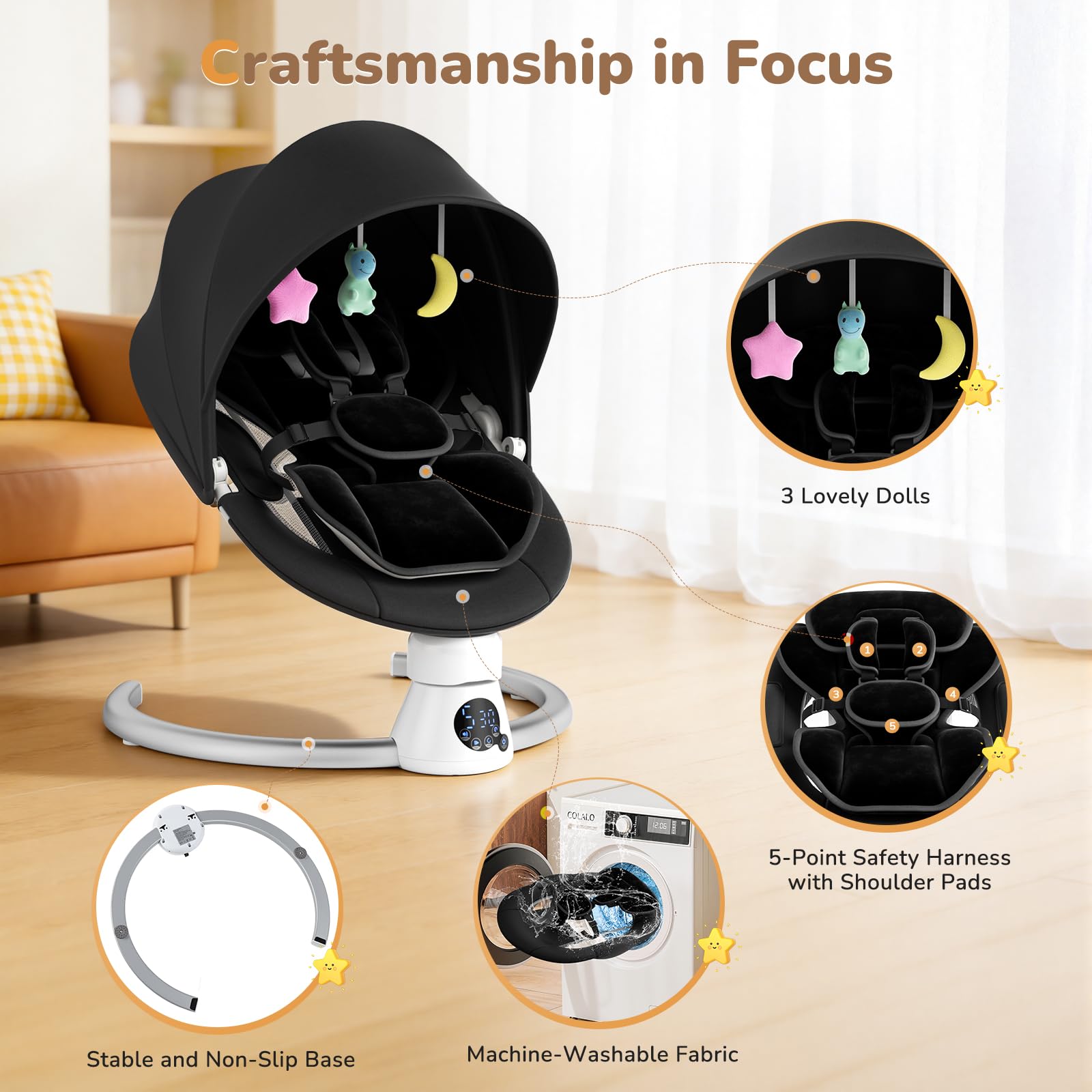 Hamaca Eléctrica para Bebé con Mando a Distancia y App,Mecedora con 5 Velocidades de Balanceo,3 Temporizadores,Arnés de 5 Puntos,2 Posiciones del Asiento,Silla Mecedora para 0-9 kg de Bebé-Negro