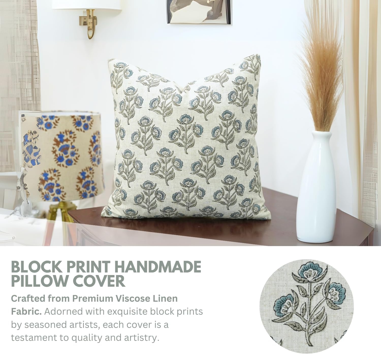 Viscose Linen Fabric Handmade Boho Block Floral Print Throw Pillowcase Cushion Cover 22x22 Inch Decoration for for Sofa, Couch, Chair, Living Room, Bedroom (Bel Patra-Light Blue)