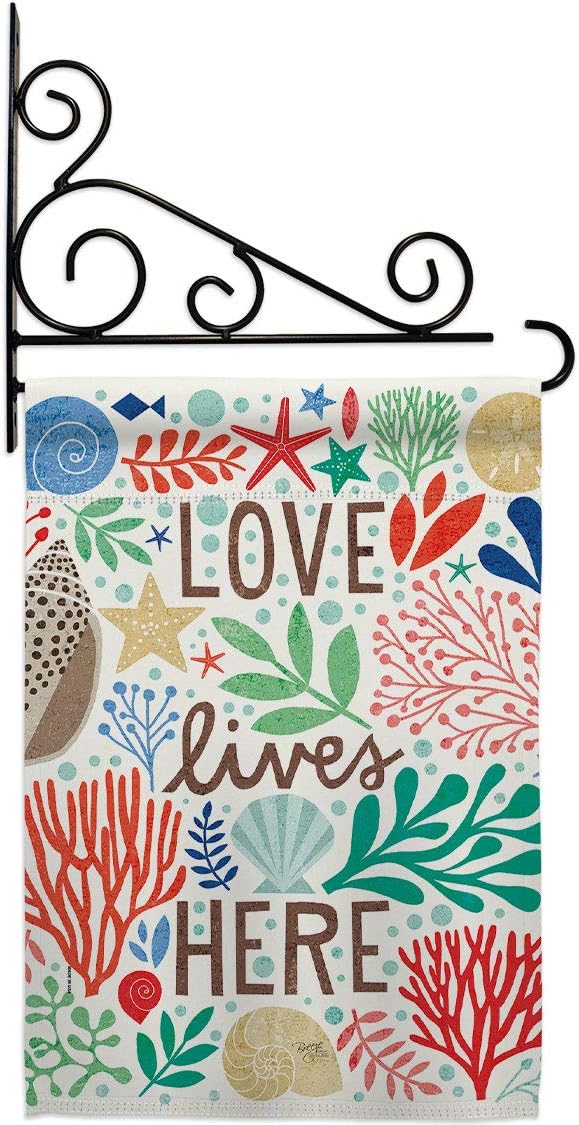 Love Lives Here Garden Flag Set Wall Holder Coastal Beach Tropical Sea Shells Ocean Sand Outdoor Summer Coral Small Decorative Gift Yard House Banner Made In USA 13 X 18.5