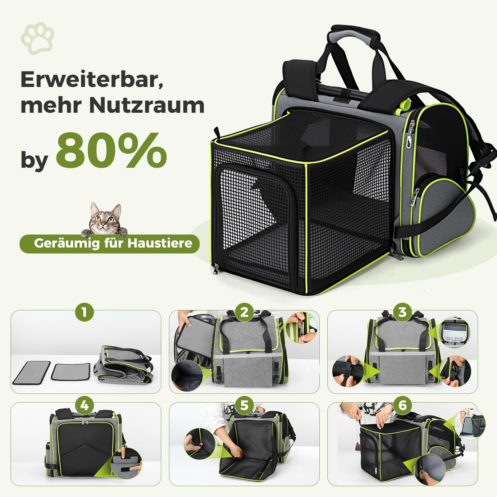 Lekesky Katzenrucksack Bubble Haustier Rucksack mit Netzfenster, Hunderucksack Erweiterbar Tragbare und Faltbare Katzentasche, Atmungsaktive und Leichte Hundetasche für Hunde Katzen Haustiere, M, Grau