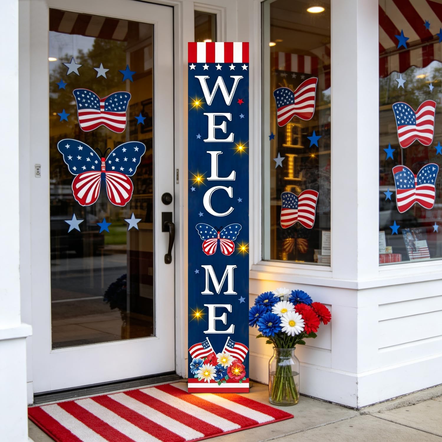 4th of July Welcome Sign with LED Lights, 47" Patriotic Wooden Standing Decor for Front Door Porch, Independence Day 250th Anniversary Outdoor Decor, Memorial Day Yard Wall Hanging Ornament