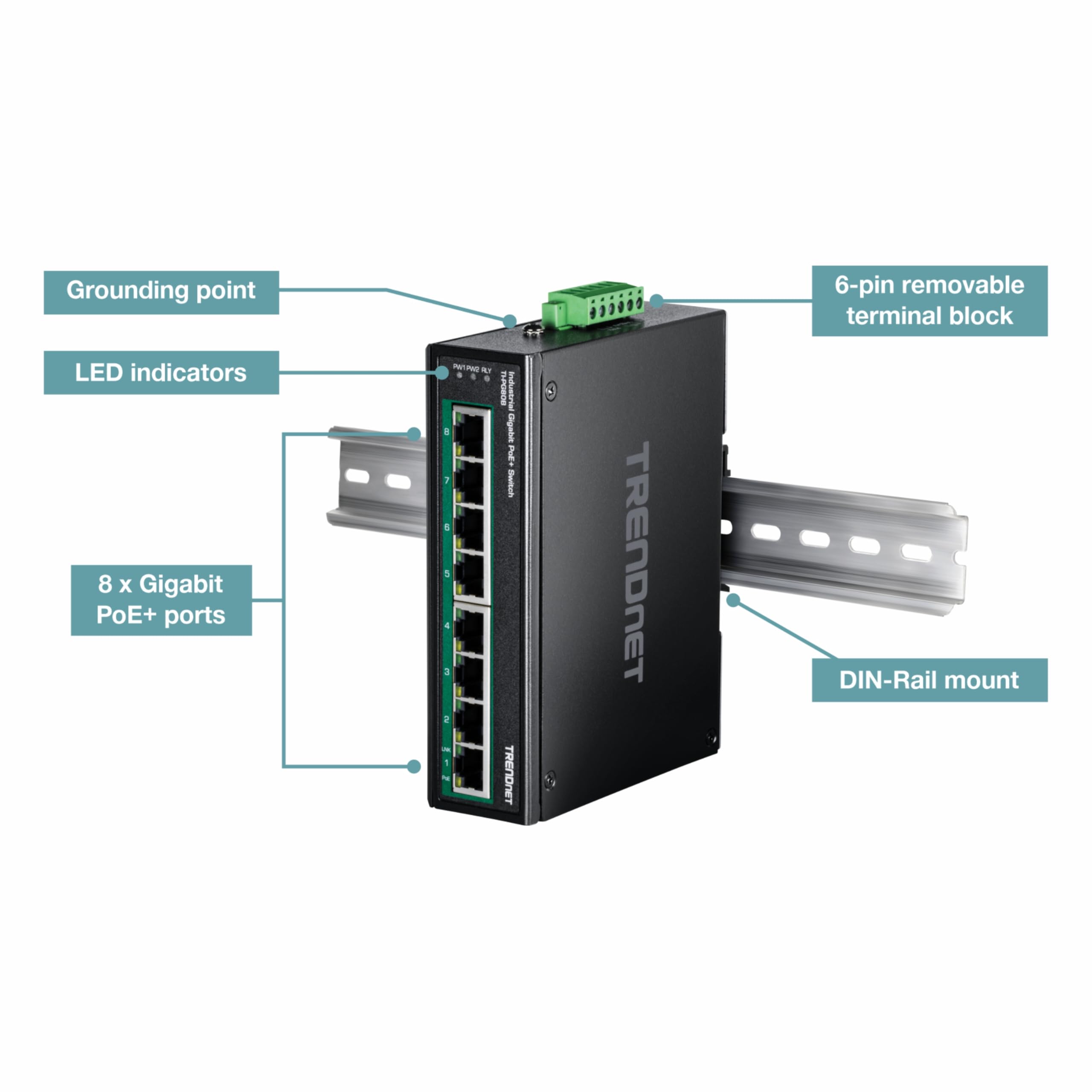 8-PORT INDUSTRIAL GIGABIT POE+ DIN-RAIL SWITCH (24-56V)