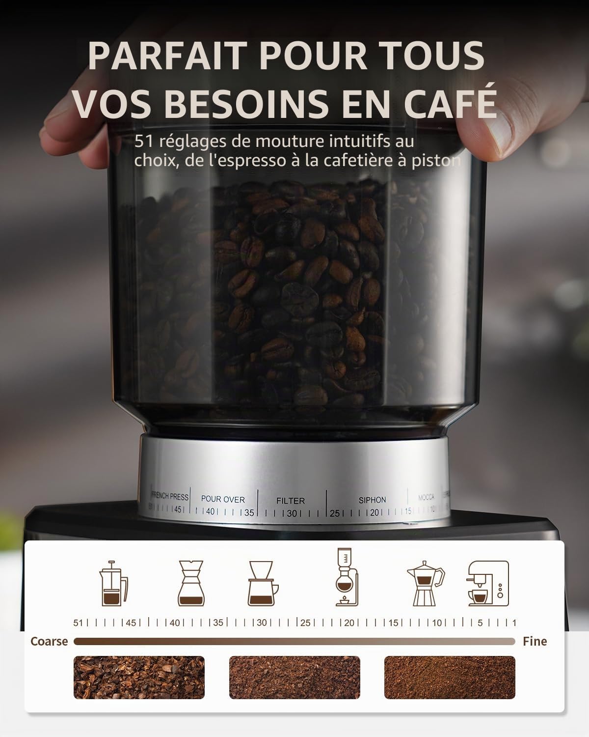 SHARDOR Moulin à Café éLectrique à Cône, 51 RéGlages De Mouture Fine Moulin à Café, Acier Inoxydable Avec RéGlage De La Tasse Et De L'Heure, Reconnaissance Automatique Du Porte-Filtre, écran LCD