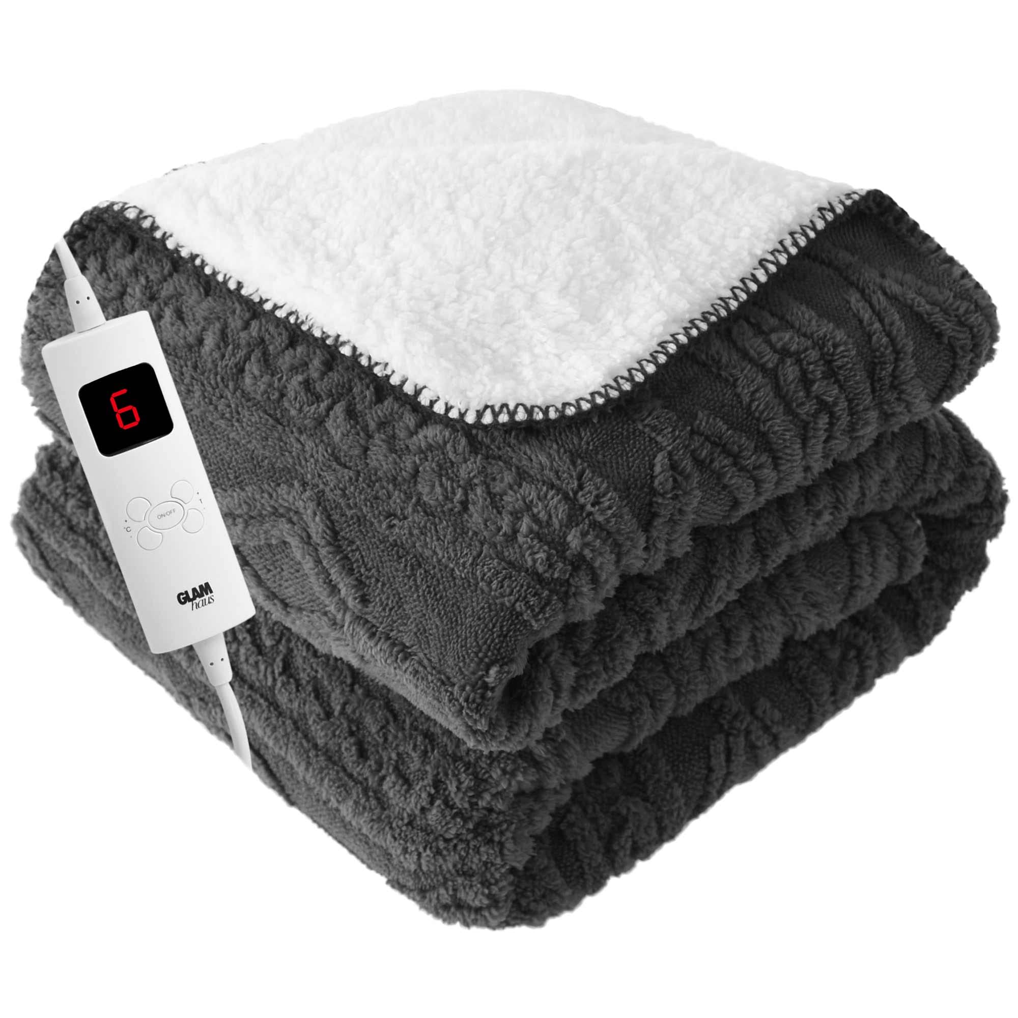 GlamHaus Luxury Electric Heated Throw Blanket, Soft Reversible Fleece Over Blanket for Sofa Or Bed, Large 160 x 130cm, Heat and Timer Settings, Auto Shut-Off, Machine Washable (Dark Grey)