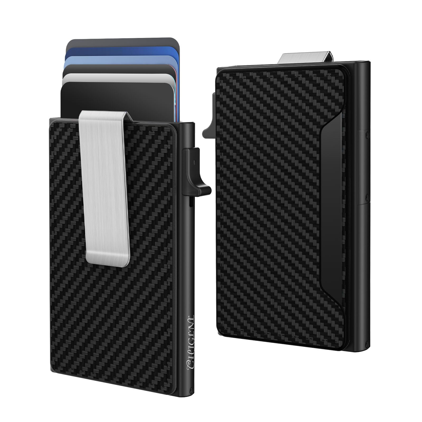 Credit Card Holder with Minimalist RFID Blocking, Carbon Fiber Small Men's Wallet with Money Clip, Pop-Up Wallets in Aluminium | Capacity of 8 Cards | Gift Idea for Men, Carbon Fiber-Black, Slim,