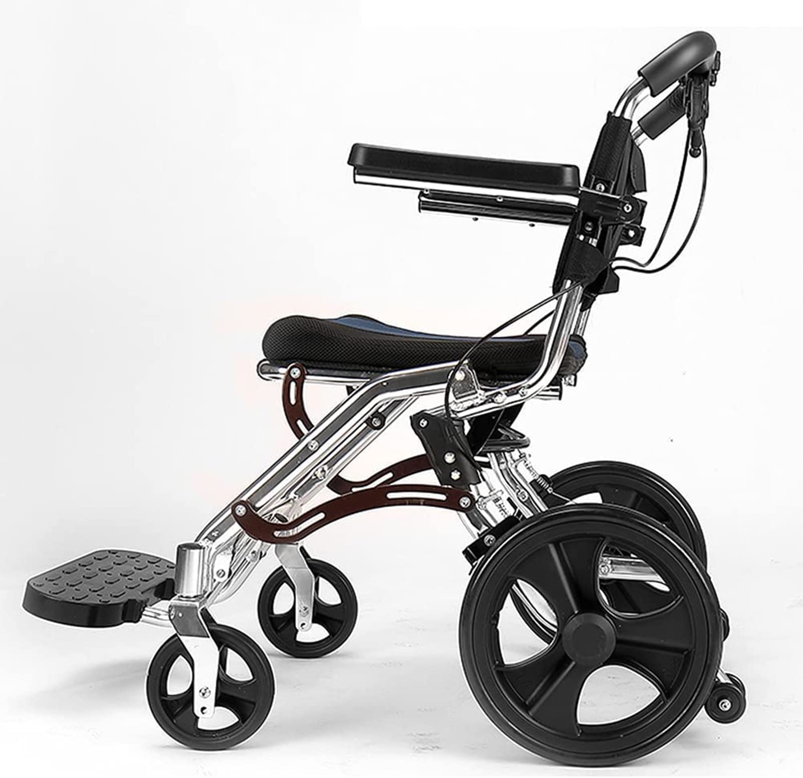 Silla de ruedas de viaje ultraligera, silla de ruedas plegable de aluminio propulsada por asistente con frenos de asistente, silla de viaje de tránsito portátil para personas mayores discapacitadas,