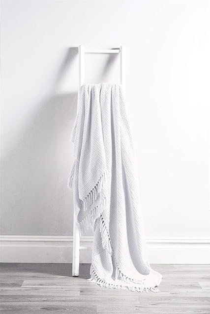 Olivia Rocco Lisbon Throw 100% Cotton Plain Honeycomb Sofa Bed Chair Cover Throws Tasselled Decorative Blanket, 127 x 152 cm (50" x 60") White