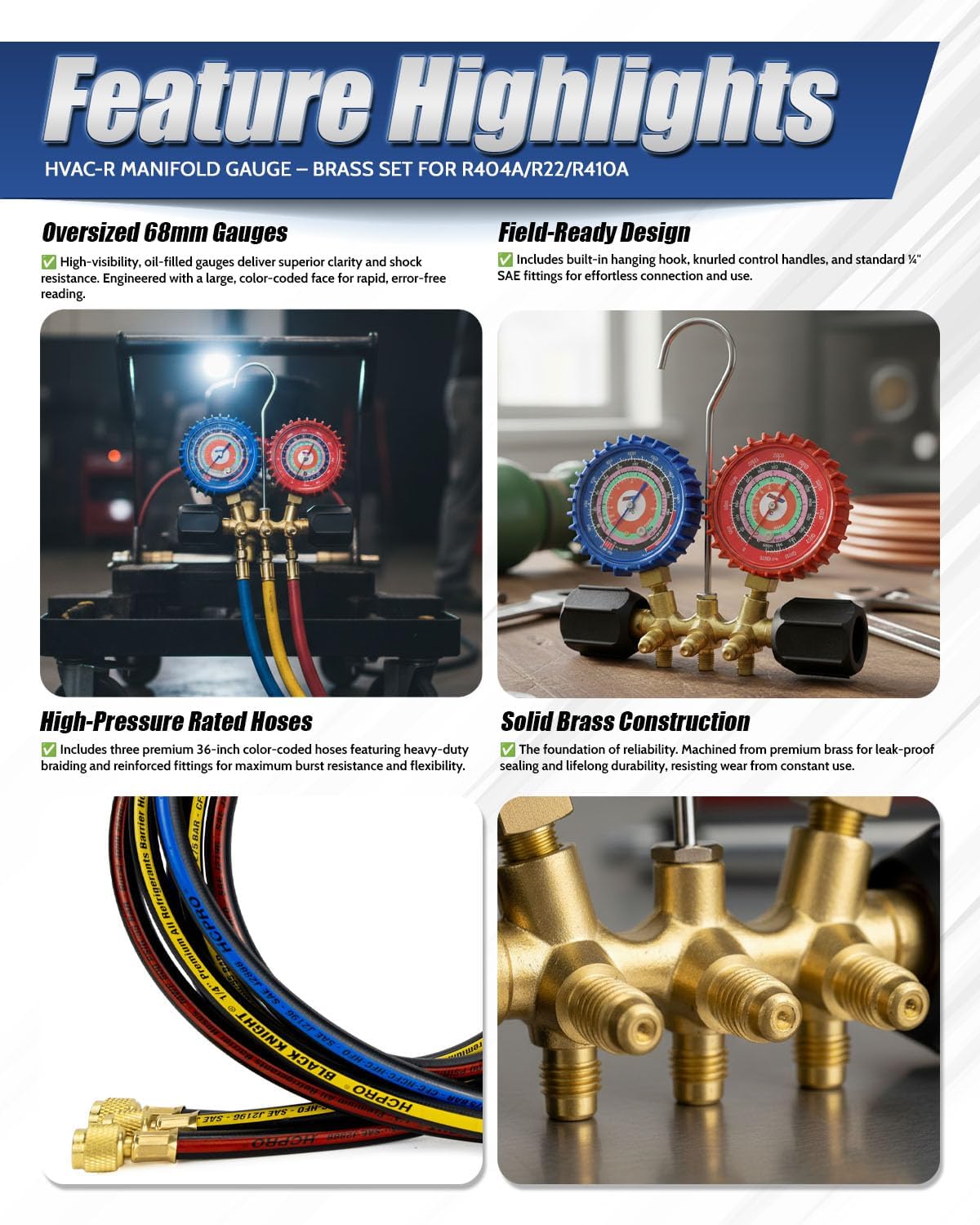 HCPRO Black Knight Series 2 Valve Brass Manifold Gauge Set, Piston Type, R410A R22 R404A Refrigerant, 68mm Gauges, 3ft Color-Coded Premium Hoses, HVAC Service Tool PSI-KPa/°C