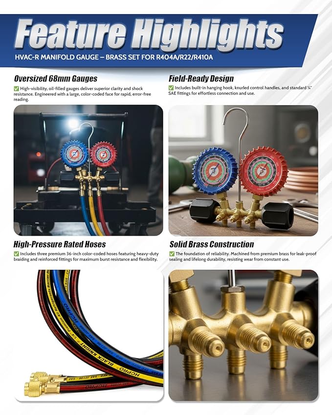 Juego de Manómetros Manifold HCPRO Black Knight 2 Válvulas, Latón, para R410A R22 R404A miniatura 4