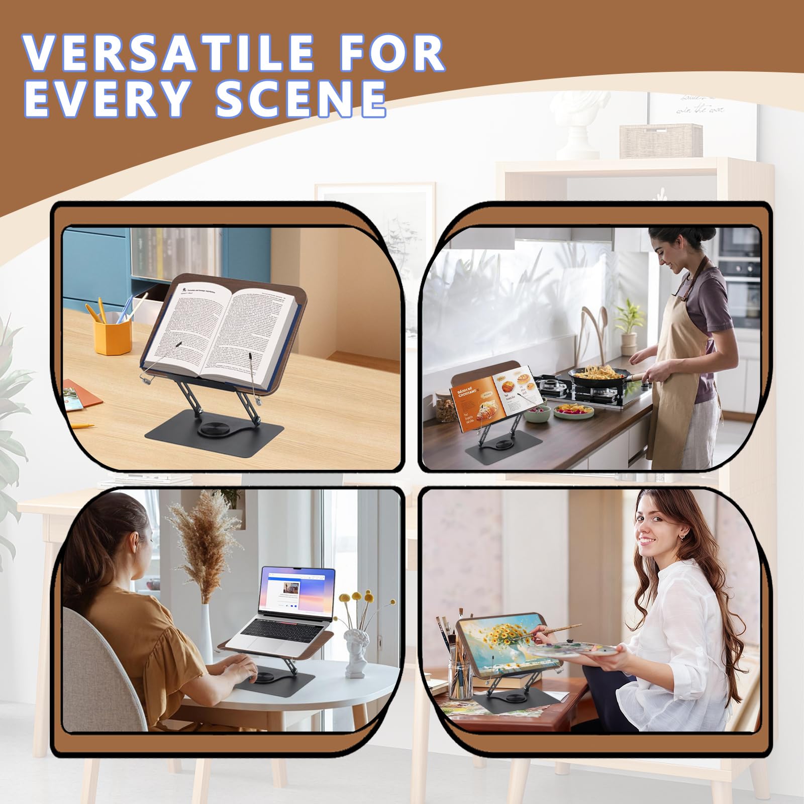 Leggio Girevole 360° Regolabile in Altezza | Supporto Libro e Tablet con Base in Metallo Stabile e Angoli Multiregolabili | Anello Fermapagina in Faggio | Per Lettura, Studio e Ricette