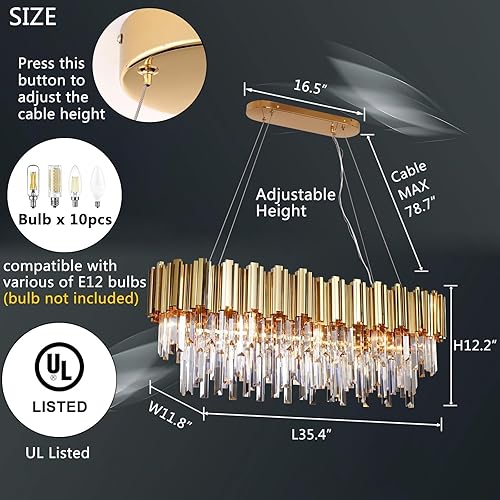 Miniatura 5 de L35.4 Candelabro lineal de cristal moderno de lujo dorado rectangulares para comedor, contemporáneo, ovalado, colgante de gota de lluvia, lámpara de