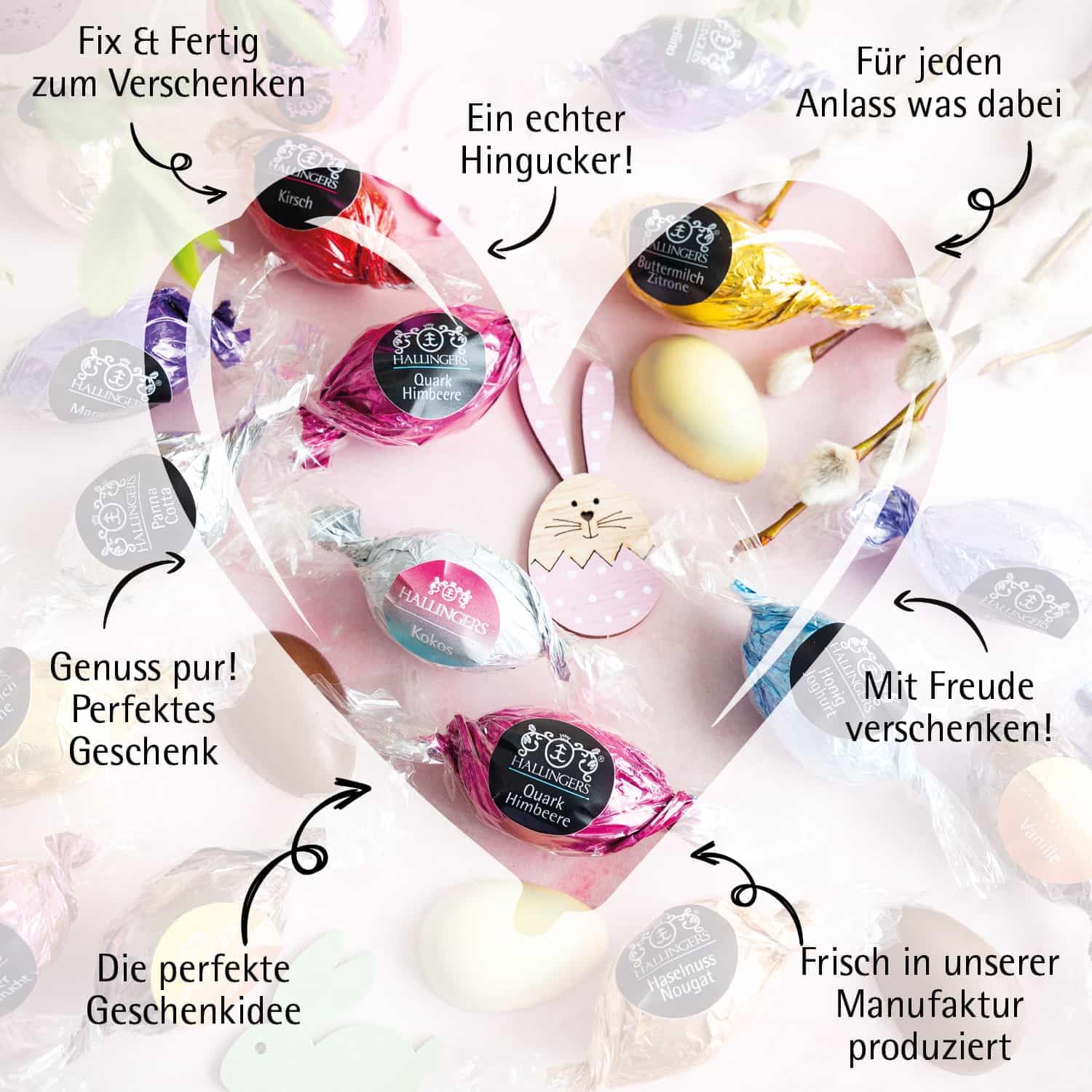 Hallingers Genuss Manufaktur Feinkost Oster-Geschenk-Set - XXL-Geschenkkorb "Easter Box pink" großes Osternest 4 Schokoladen-Tafeln & 40 Pralinen-Ostereier, Ostern Körbchen für Frauen Mädchen