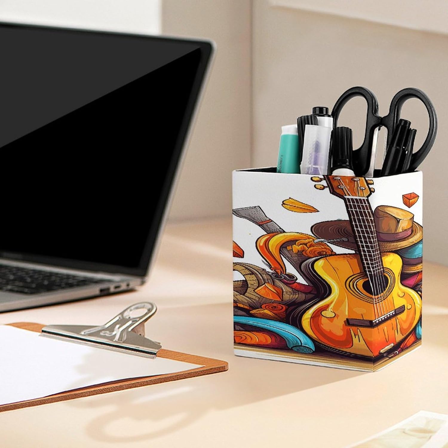 Funny Cartoon Hats Guitar Pen Holder Square Leather Pencil Holder Modern Modern Pencil Cup Pen Cup Fashion Makeup Brush Holders Desktop Organizer for Office Home Desk Accessory image 5