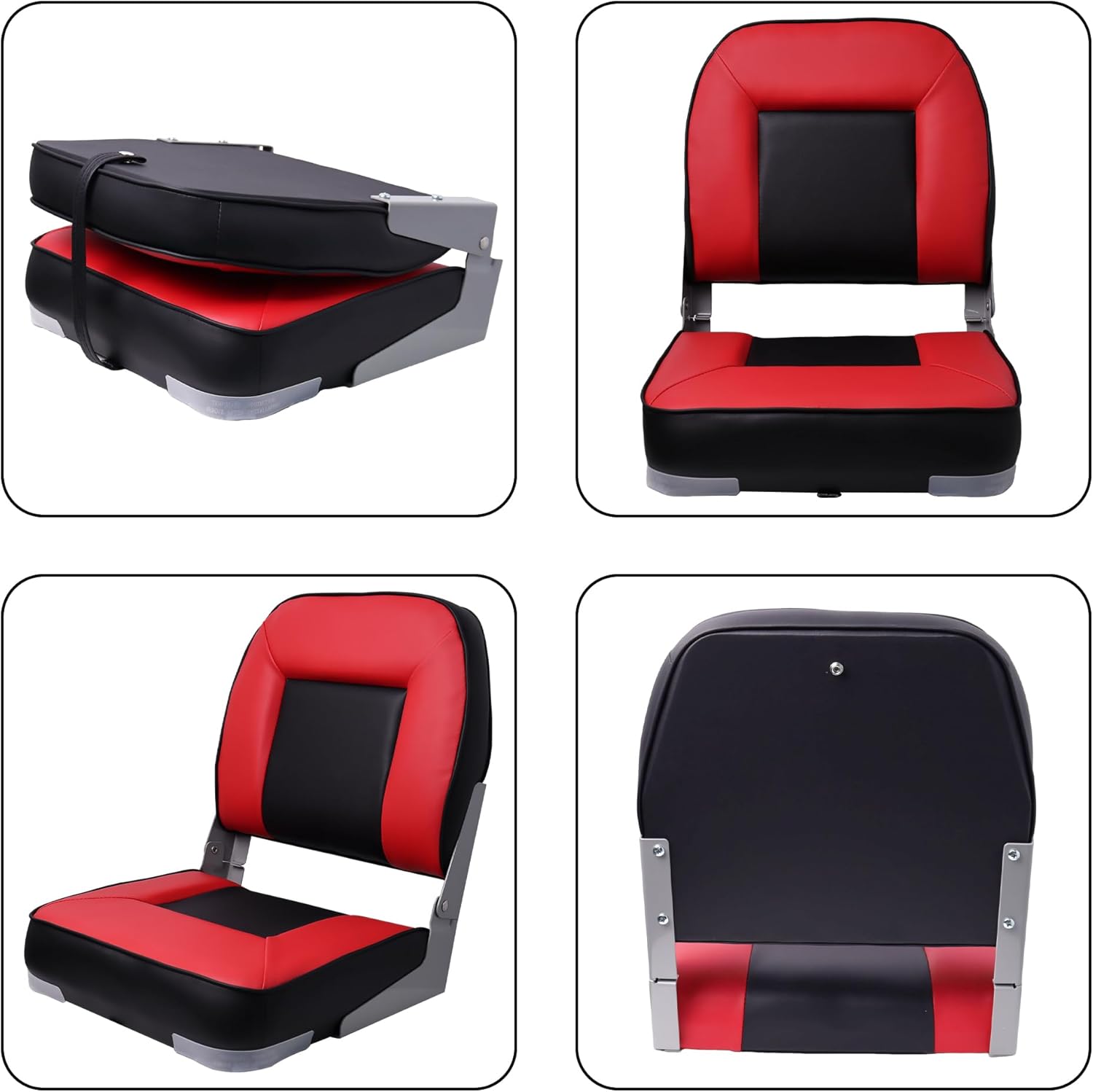 Folding Boat Seats Low Back Boat Chair Fold-Down Fishing Bass Jon Boat Seat (Red&Black)