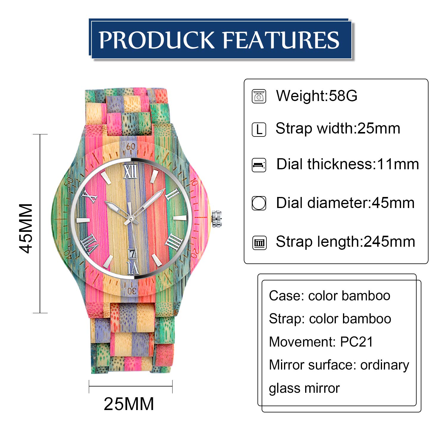 Unendlich U Mężczyźni Kobiety Kolor Bambusowe Drewno Zegarki Para Zegarki Minimalistyczny Moda Kwarcowy Zegarek Rainbow Band, Multi-Male, Bransoletka
