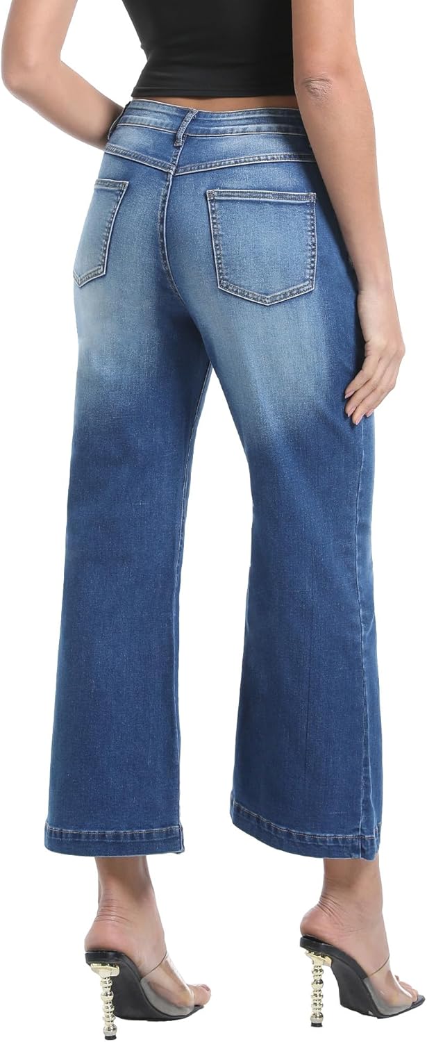 Women’s Wide Leg Petite Jeans High Waisted Stretchy Cropped Flare Jeans with Patch Pockets - Image 2