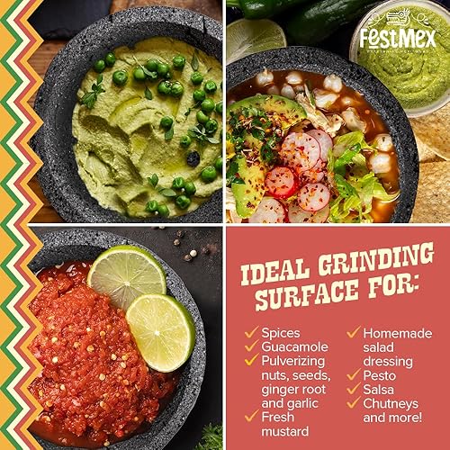 Miniatura 5 de Mortero y maja mexicanos hechos a mano piedra volcánica natural Molcajete de Piedra pesado y duradero perfecto para salsas caseras guacamole y otros