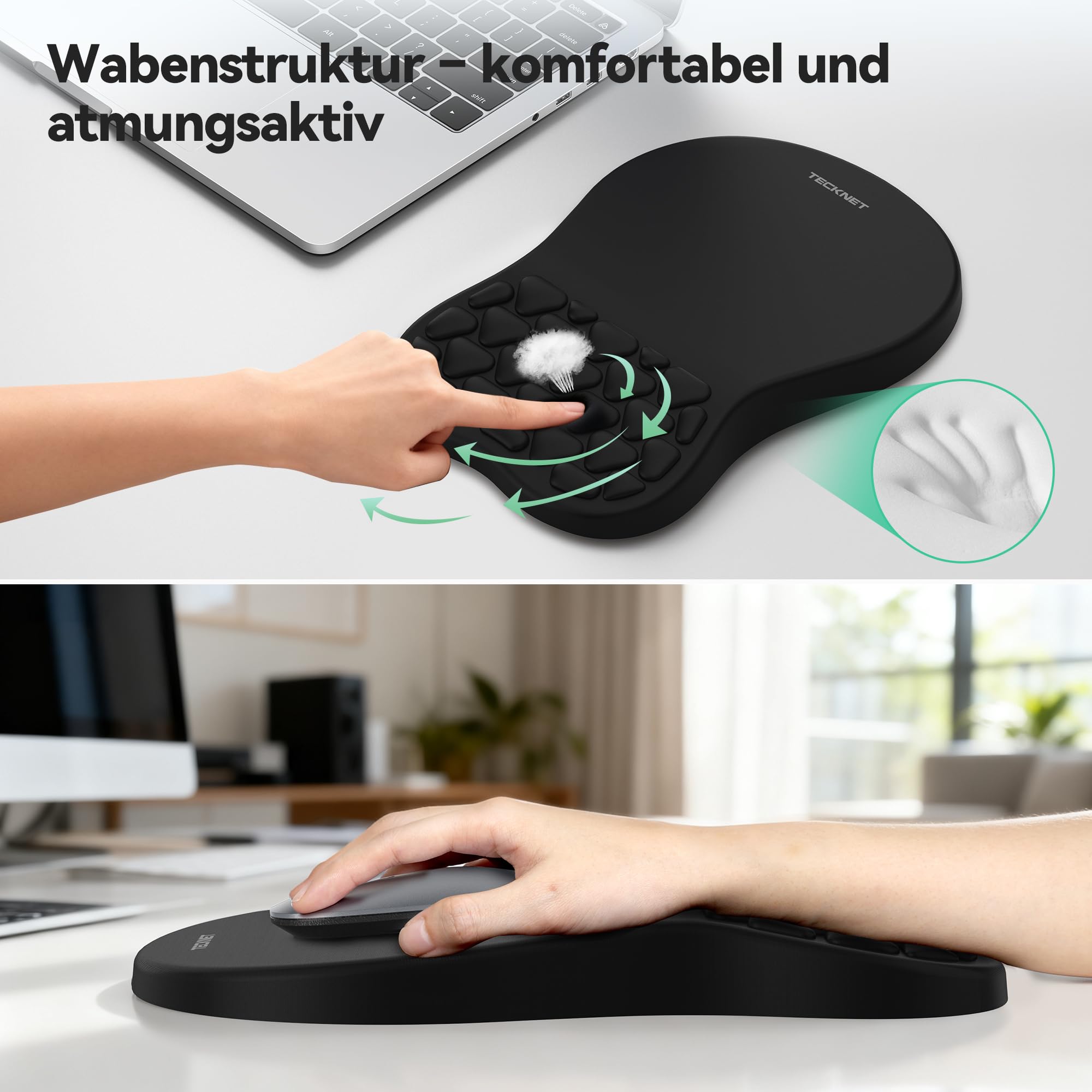 TECKNET Ergonomisches Mauspad und Handballenauflage Tastatur, Mousepad mit Handauflage, Mauspad mit Gelkissen und Rutschfester PU-Basis für Schmerzlinderung für Büro, Home, Laptop, PC(2 in 1)