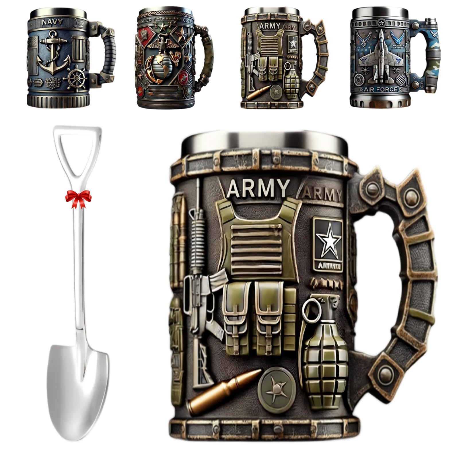 Military 3D Mug, 10 Oz Handmade Army Themed Coffee Cup with Shovel Shaped Spoon, Veteran Themed Mug for Coffee Tea, Military Style Cup for Home Office Desk (Style-D)