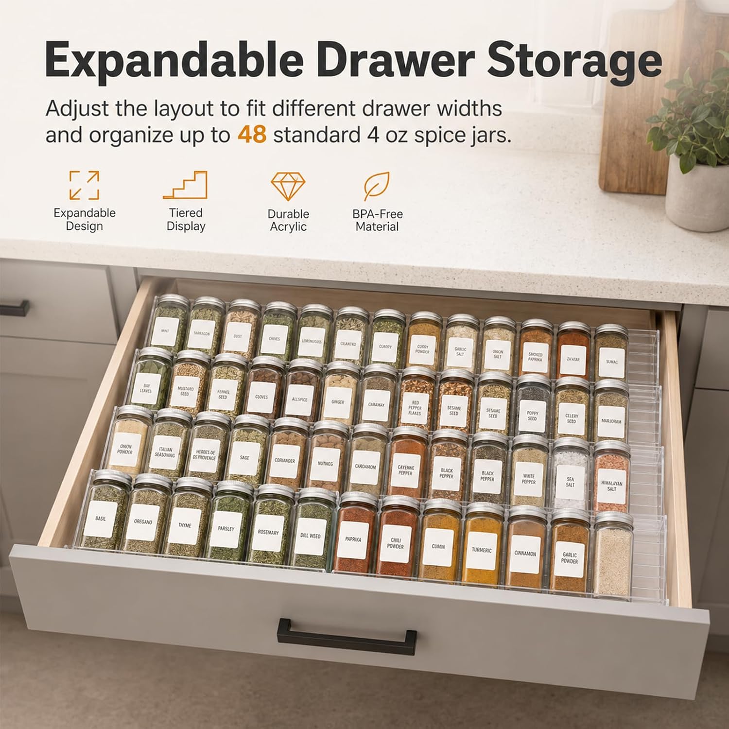 8 Pack Clear Spice Drawer Organizer, Expandable Drawer Seasoning Organizer