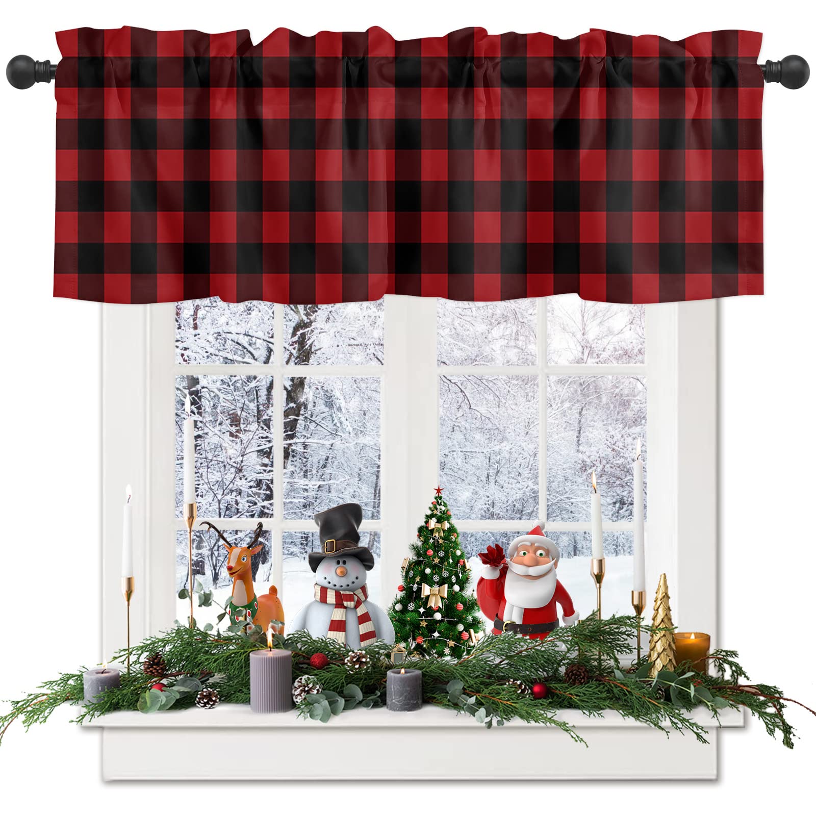 Homechoid Red and Black Buffalo Check Curtain Valance for Windows/Living Room/Kitchen/Bathroom/Farmhouse, Farm Red Lattice Short Rod Pocket Tier Curtain Plaid Window Curtain Treatment, 1 Panel 60x18