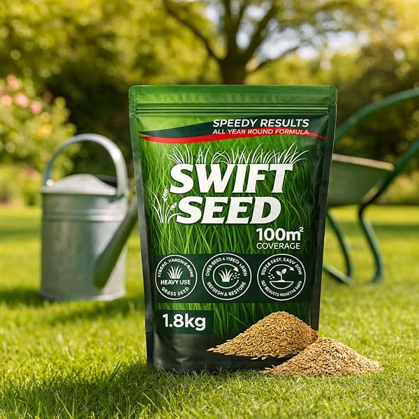 1.8kg Grass Seed by Swift Seed Covers 100m² Premium Fast Growing, Hard-Wearing Lawn Rapid Growing Germinating Lawns, Patch Repair & Overseeding -UK Climate Blend EEC Rule & Standards (All Year, 1.8kg) - 2