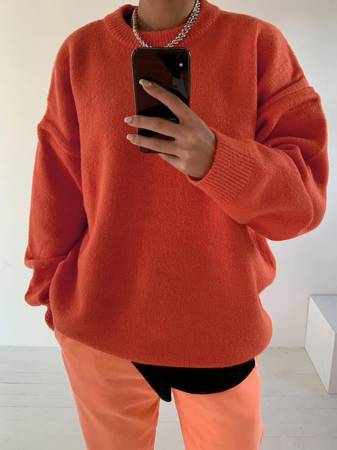 FOIVOS Women's Sweater Solid Drop Shoulder Sweater Sweater for Women (Color : Coral Orange, Size : X-Large)