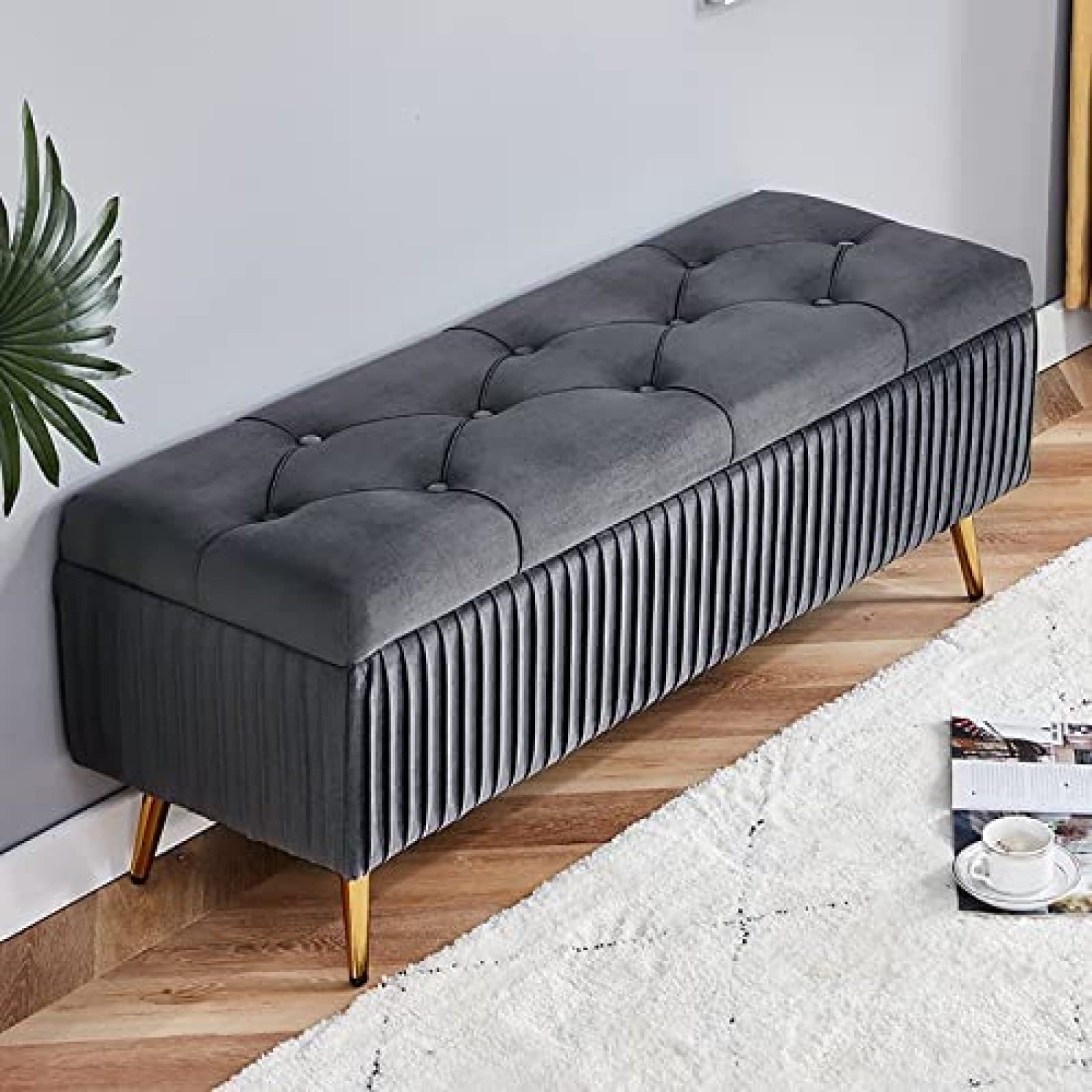 Ottoman de rangement en velours moderne gris capitonné haut de gamme
