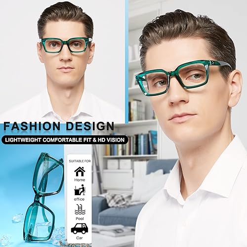 Miniatura 2 de MARE AZZURO Anteojos de lectura cuadrados retro 1.00 para hombres grandes 100 125 150 175 200 225 250 275 300 350 400 500 600 (verde, 1.0)