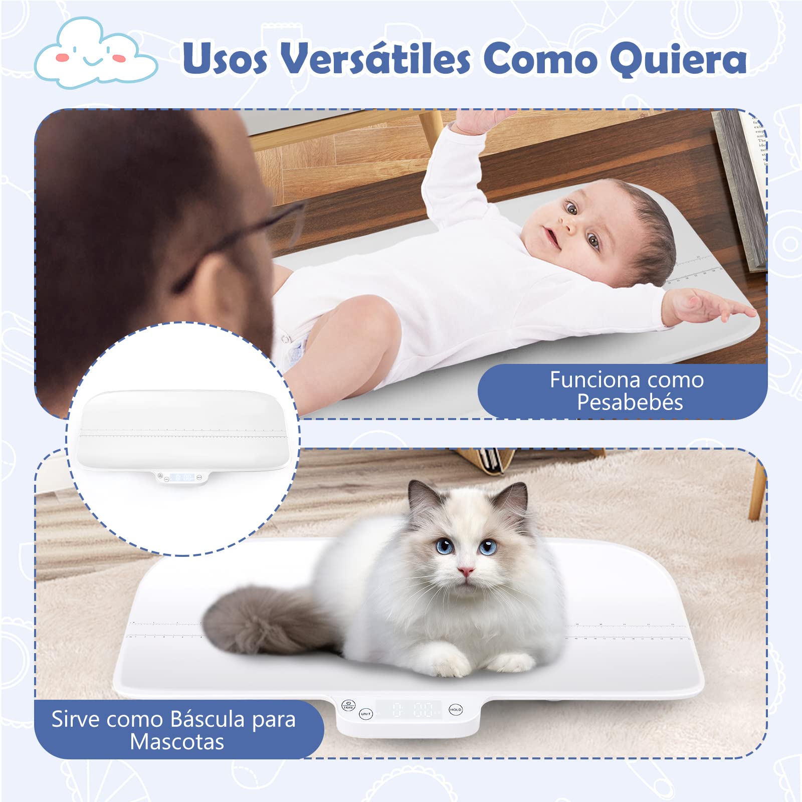 COSTWAY Báscula Bebe, Báscula Multifuncional para Bebés con 4 Modos de Medición, Báscula Infantil Digital Precisa, Báscula Digital con Pantalla LCD para Bebés y Mascotas (Sin Bluetooth)
