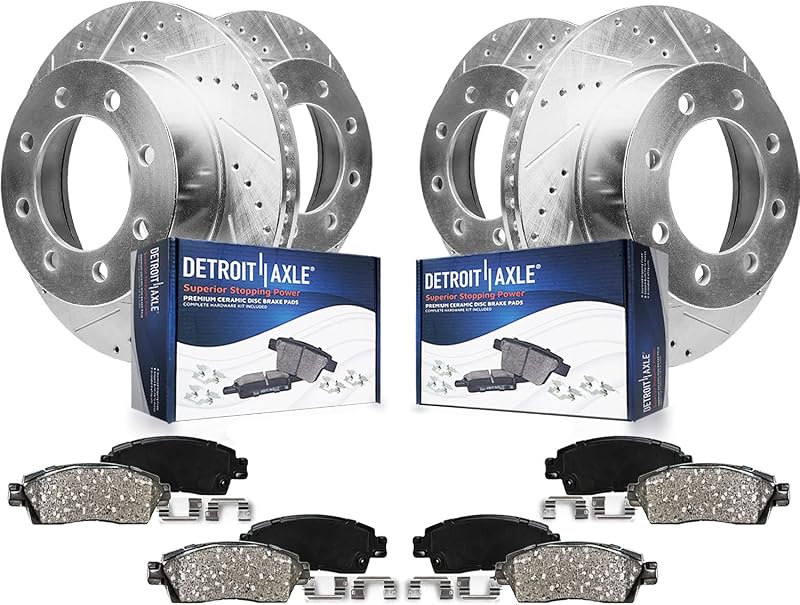 Detroit Axle - 4WD Brake Kit for 99-04 F-250 F-350 Super Duty w/ 8 Lugs | 2000-2005 Ford Excursion Drilled Slotted Brake Rotors Ceramic Pads Front Rear Replacement 13.03" Front and 12.83" Rear Rotors