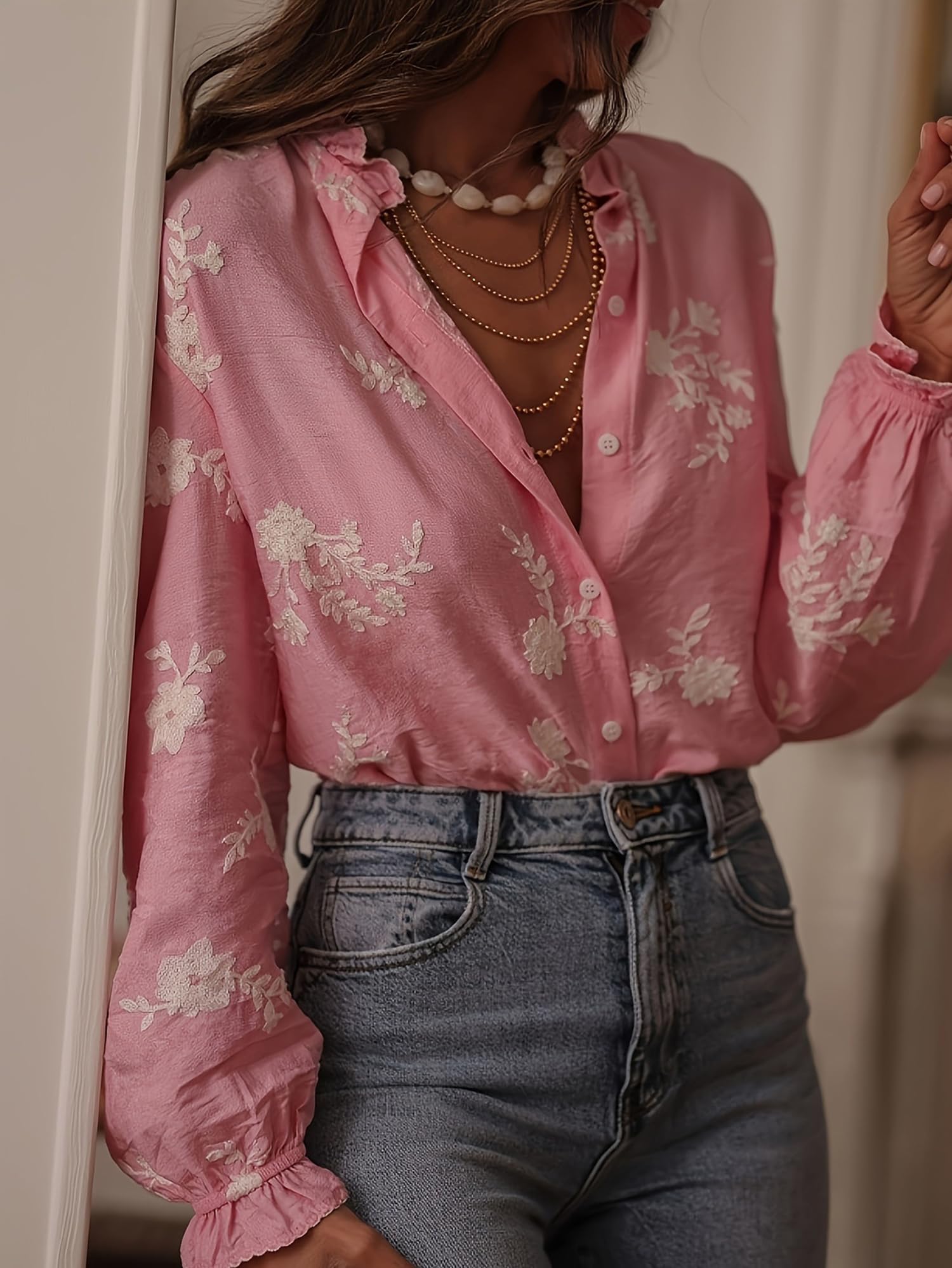 Chemises pour Femmes À Boutons Manches Longues Blouse en Chiffon Brodée De Fleurs Hauts